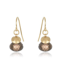 Load image into Gallery viewer, The Just The Thing Earrings feature teardrop-shaped smokey quartz drops paired with small textured gold-filled discs, which boast a matte finish. These elegantly simple earrings, equipped with gold-filled ear wires, are symmetrically displayed against a white background.
