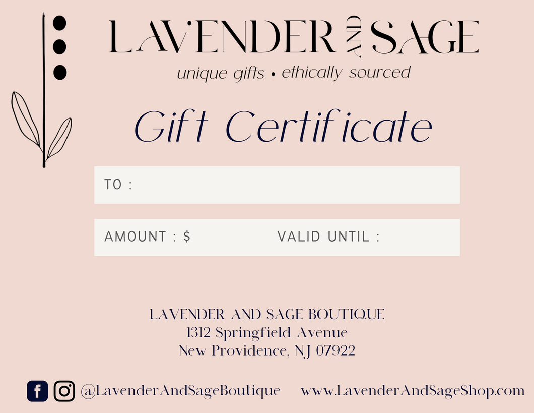 Lavender and Sage Boutique Gift Certificate