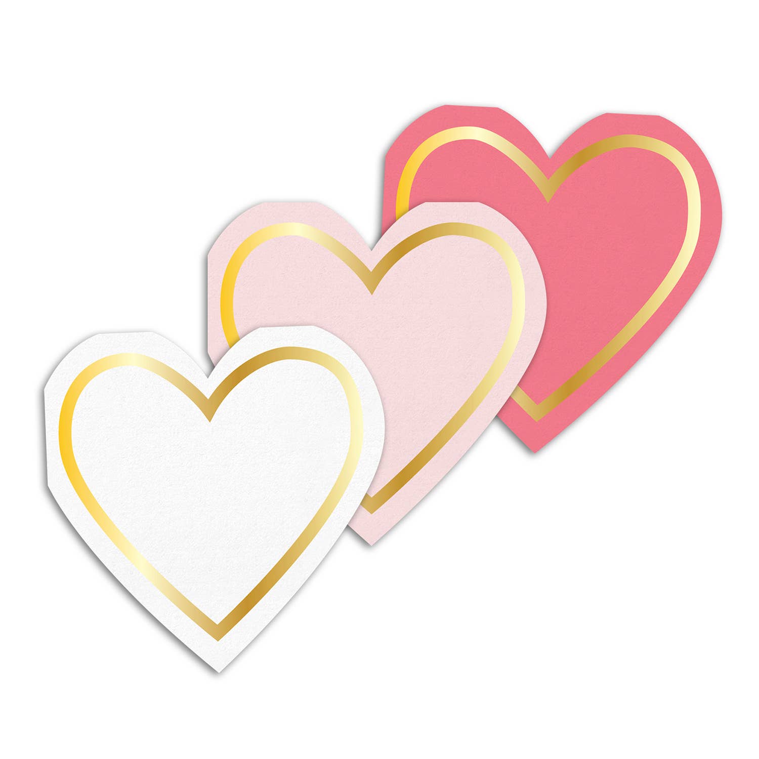 The "Cocktail Napkins - Hearts and Flowers" set features three overlapping heart-shaped paper cutouts with chic designs: white, light pink, and coral. Each heart has a shiny gold border, adding glam against the plain white background—ideal for any happy hour setting.