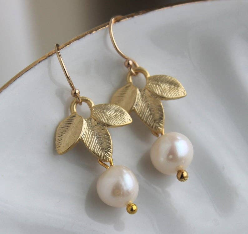 Gold Freshwater Pearl Leaf Earrings