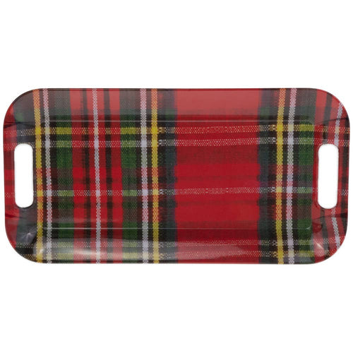 The Melamine Tray features handles on each end and displays a vibrant plaid pattern in red, green, yellow, and white that evokes the classic look of traditional tartan fabric. Its cheerful design makes it a perfect Christmas gift for any occasion.