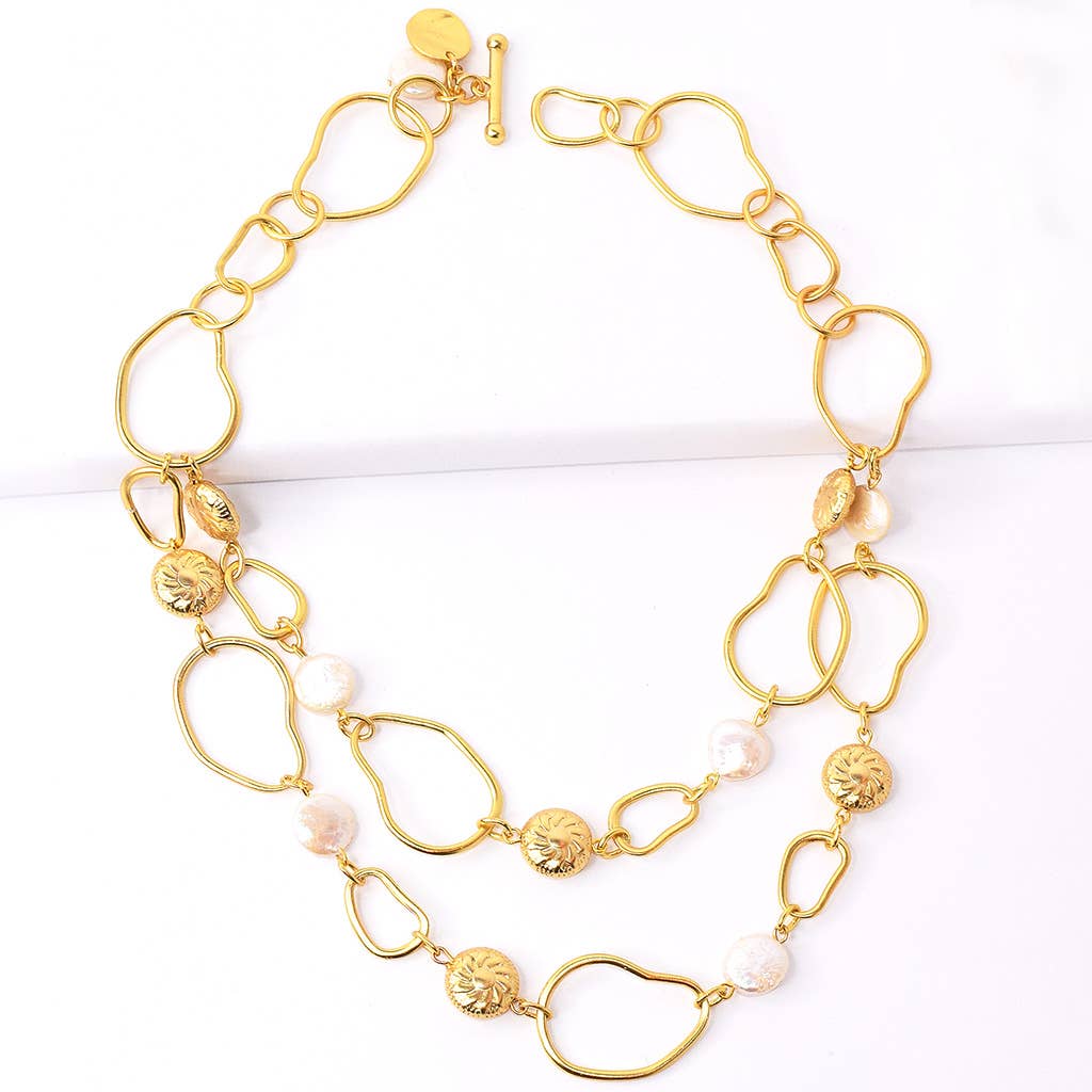Organic link, baroque bead and flat pearl layered necklace