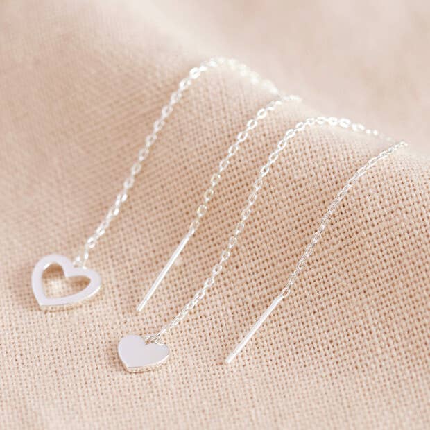 Thread through Mismatched Heart Earrings in Silver