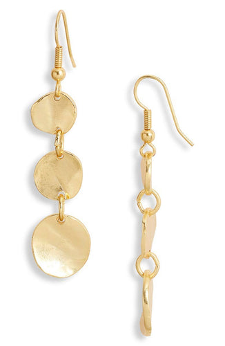 The Medallion disc dangle earrings feature three vertically connected medallion discs made from 24 kt gold, each with a hook for wearing. Their slightly textured shiny surface complements the elegant golden connectors, making them perfect for everyday wear.