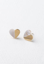 Load image into Gallery viewer, Give Hope Earrings: These studs are designed in a heart shape with a half-gold, half-mother-of-pearl motif on a subtly textured surface, finished with 14K gold plating to add an elegant touch.
