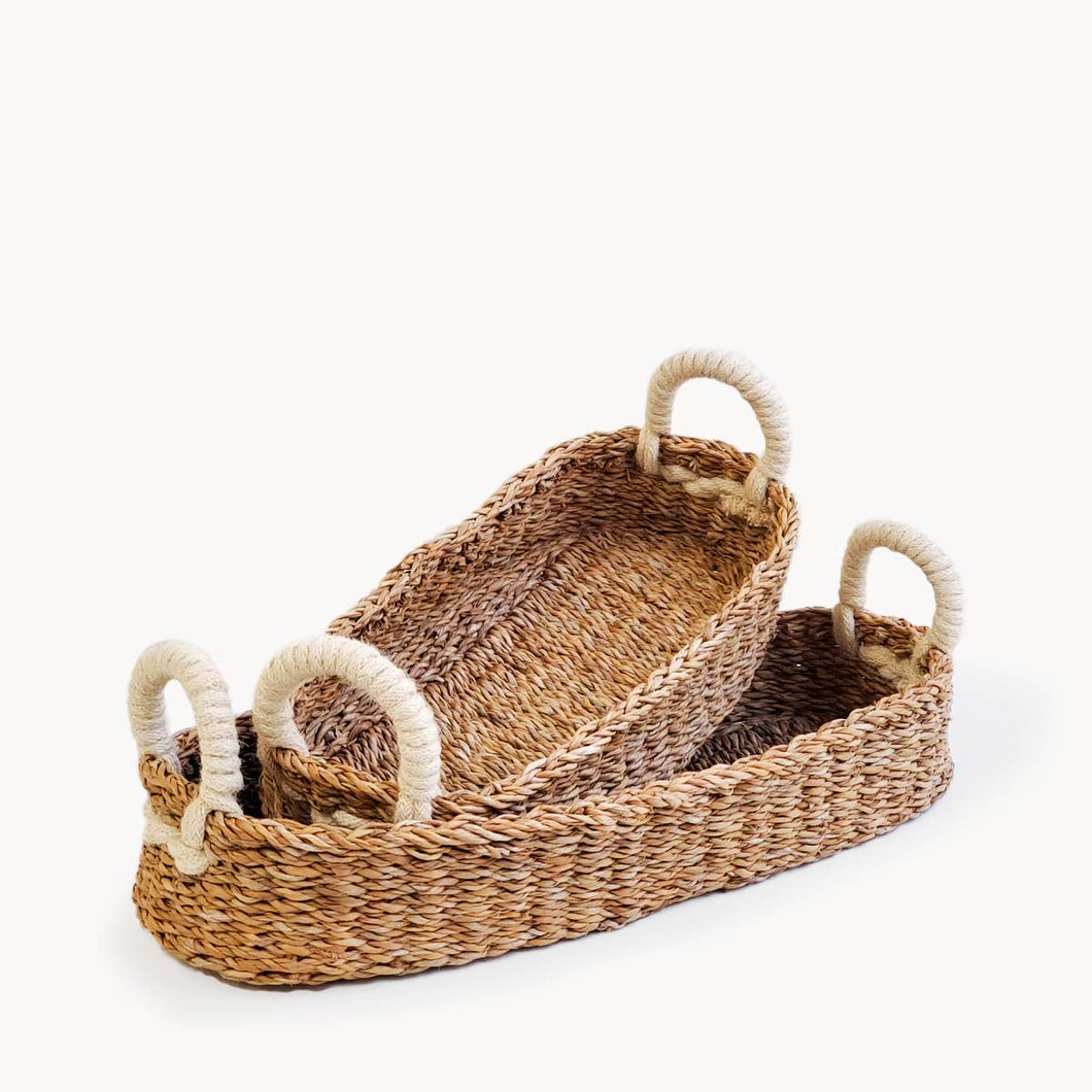Handwoven Savar Bread Basket with White Handle
